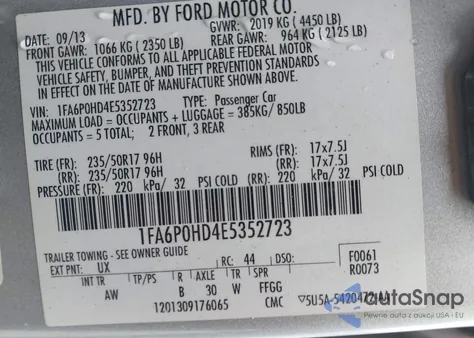 2014 Ford Fusion Se z USA, uszkodzony, nr VIN 1FA6P0HD4E5352723